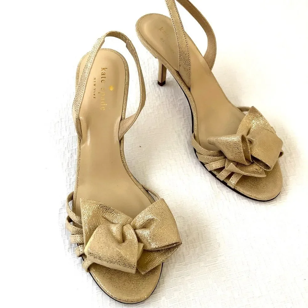 Kate Spade Maribeth Gold Metallic Bow Stiletto Slingback Pumps 7 Wedding Evening